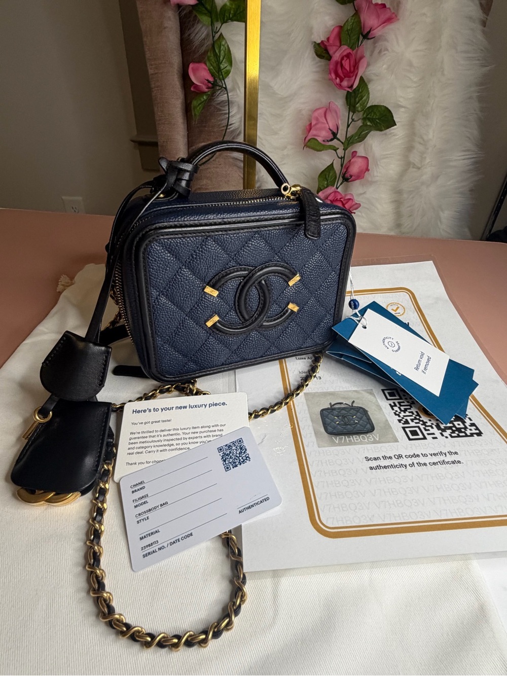 Chanel CC Filigree Small Vanity Case Navy & Black Caviar Leather Crossbody w/COA